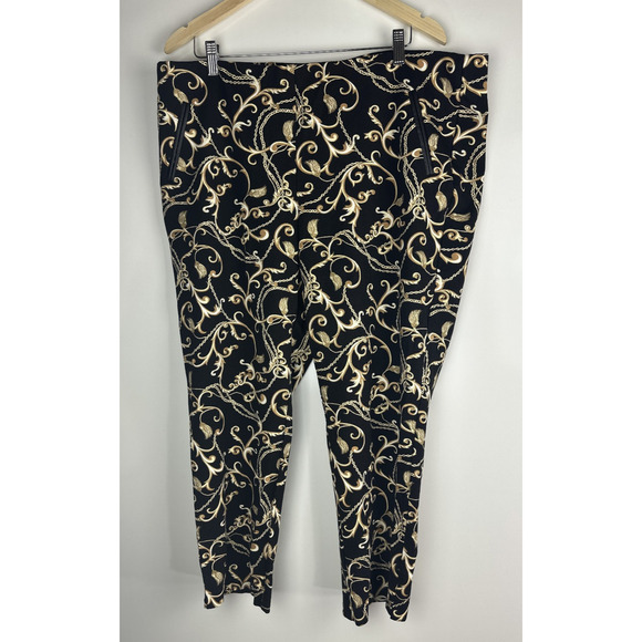 Chico's Slimming Chain Print Pull On Pants Black & Gold Stretch 4 Plus Size 20 - Picture 2 of 10